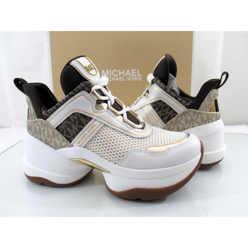 Michael Kors Olympia Trainer Lace Up Wedge Sneakers MK Logo Pale Gold - Picture 3 of 10